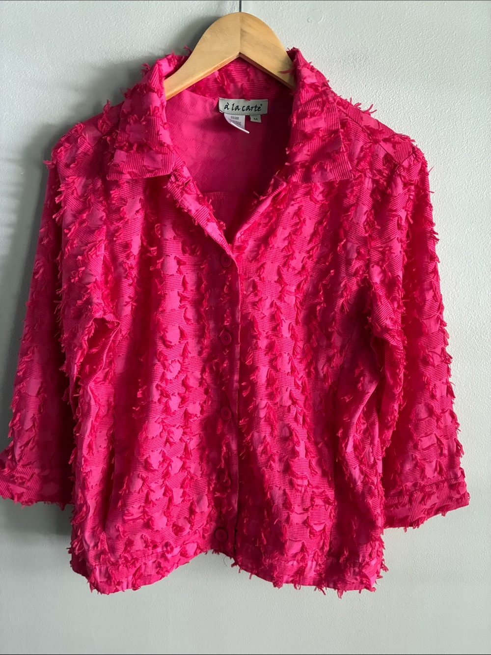 A La Carte M Hot Pink Textured Fringe Button Down Shirt Artsy Statement